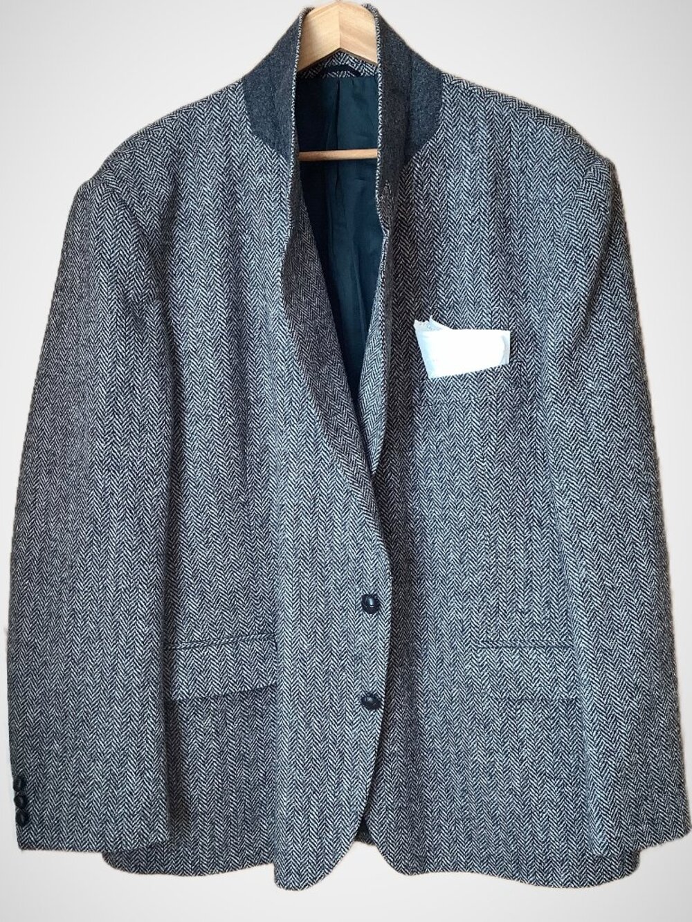 Vintage Pure Virgin Wool Gray Herringbone Tweed Sport Coat Blazer 46R Academia